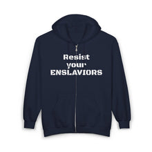 Load image into Gallery viewer, ENSLAVIORS - Unisex Heavy Blend™ Full Zip Hooded Sweatshirt - Statement Hoodie for Activists, Casual Wear, Gift for Friends, Cozy Sweatshirt, [...]
